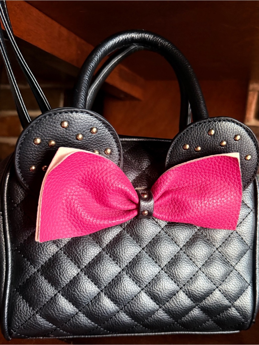 Olivia Miller Black Quilted Mini Bag with Hot Pink Bow Accent